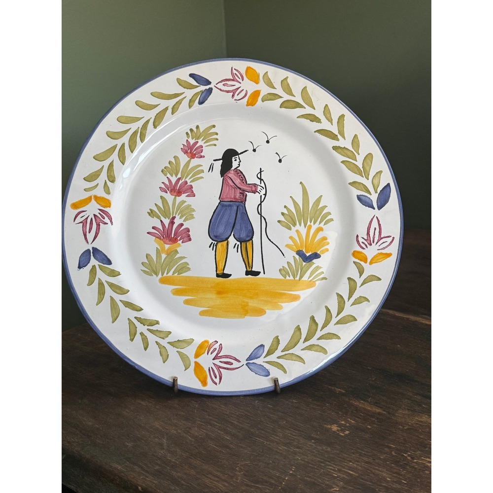 Vintage Hand Painted Portugal Ceramic Decorative Plate Folk Art Figure Floral